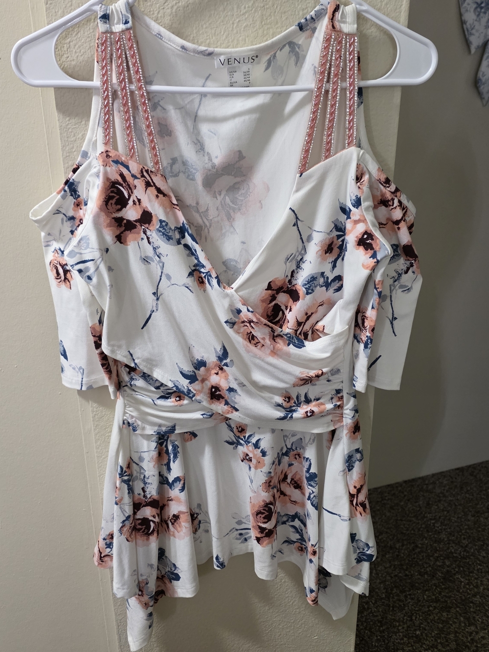 Venus White Floral Cold-Shoulder Top with Beaded Straps